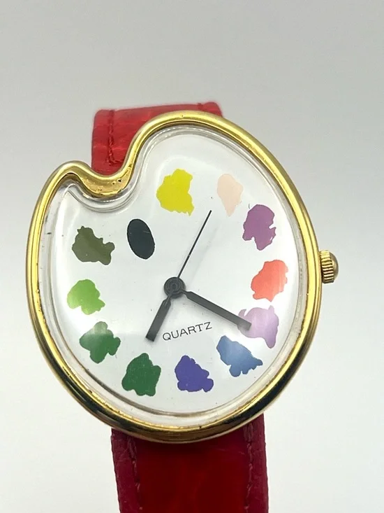 Vintage Palette Paint Quartz Watch with Red Leather Strap - Picture 4 of 13